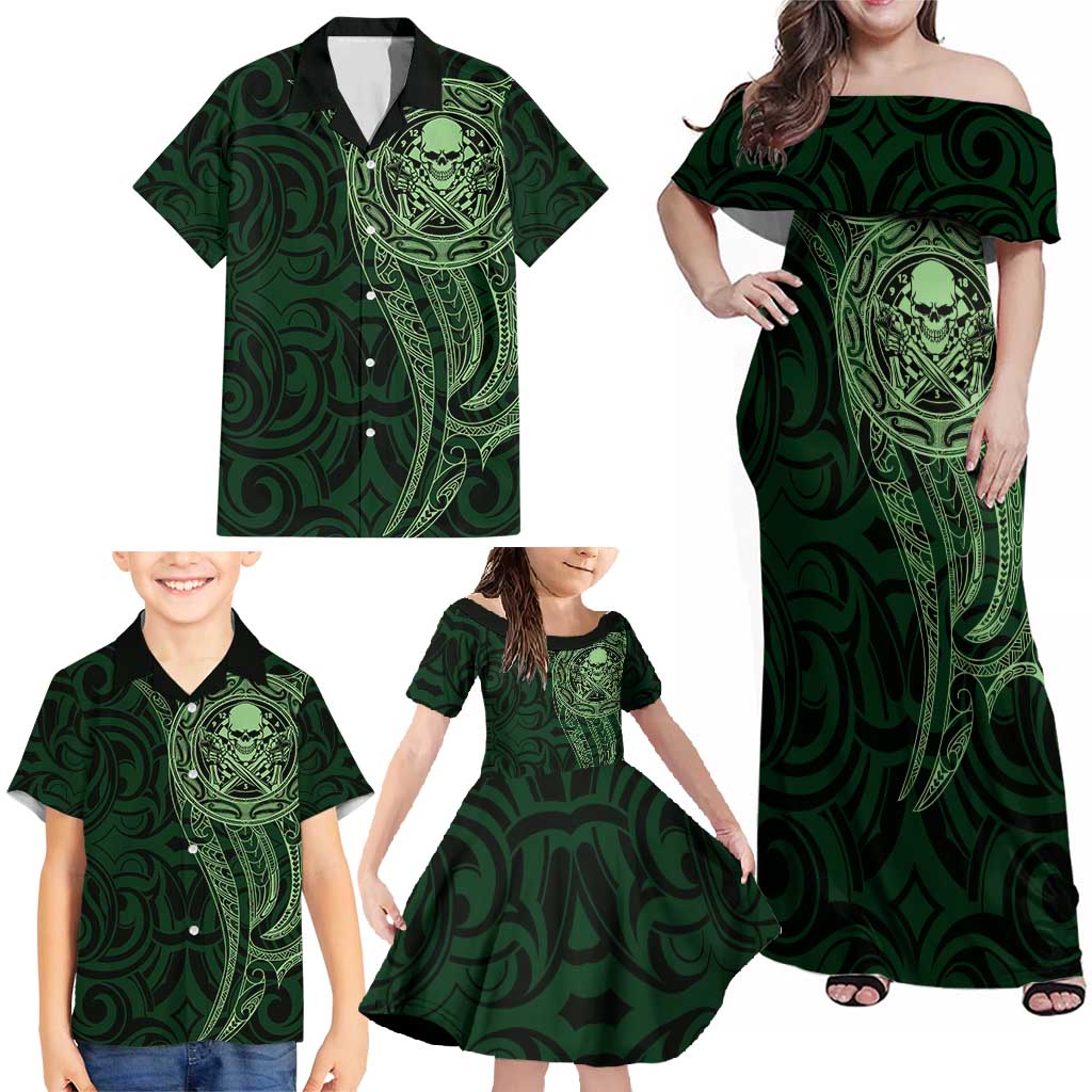 New Zealand Skull Darts Family Matching Off Shoulder Maxi Dress and Hawaiian Shirt Aotearoa Maori Chest Tattoo Stylized Green - Aussie Hoodie