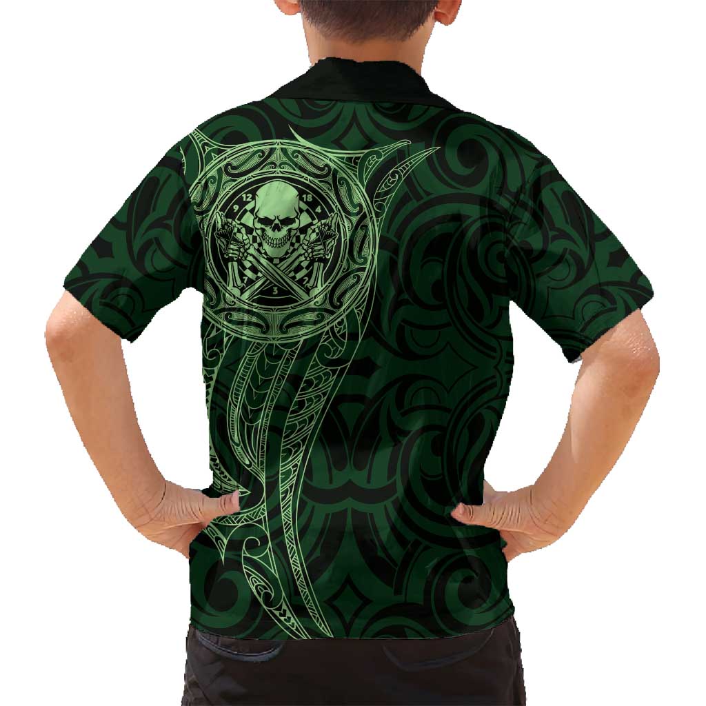 New Zealand Skull Darts Family Matching Off Shoulder Maxi Dress and Hawaiian Shirt Aotearoa Maori Chest Tattoo Stylized Green - Aussie Hoodie