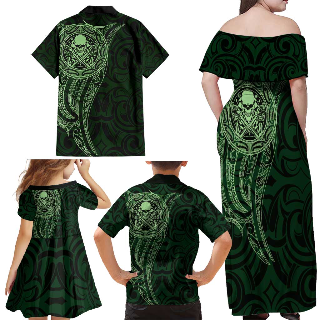 New Zealand Skull Darts Family Matching Off Shoulder Maxi Dress and Hawaiian Shirt Aotearoa Maori Chest Tattoo Stylized Green - Aussie Hoodie