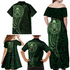 New Zealand Skull Darts Family Matching Off Shoulder Maxi Dress and Hawaiian Shirt Aotearoa Maori Chest Tattoo Stylized Green - Aussie Hoodie