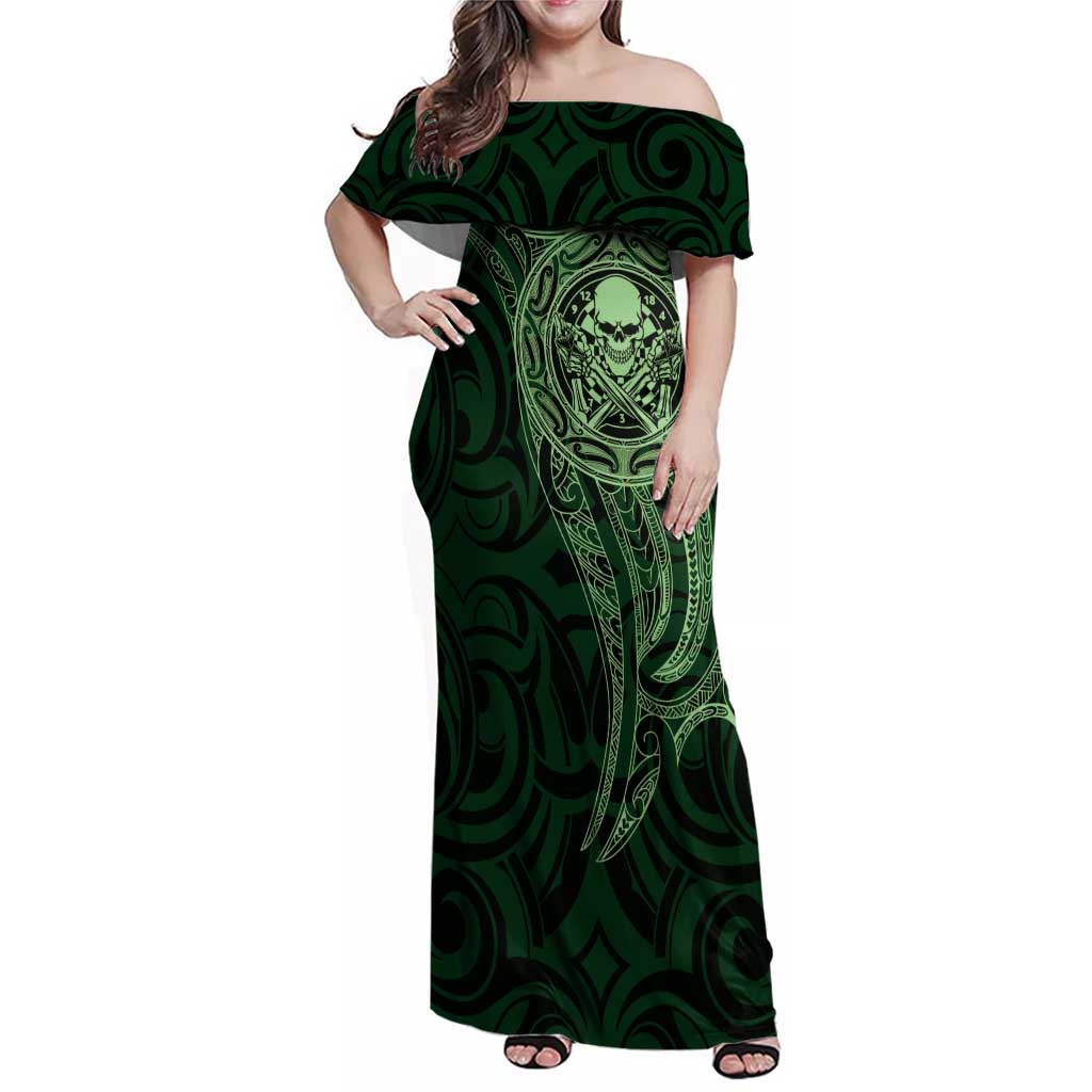 New Zealand Skull Darts Family Matching Off Shoulder Maxi Dress and Hawaiian Shirt Aotearoa Maori Chest Tattoo Stylized Green - Aussie Hoodie