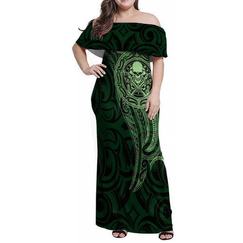 New Zealand Skull Darts Family Matching Off Shoulder Maxi Dress and Hawaiian Shirt Aotearoa Maori Chest Tattoo Stylized Green - Aussie Hoodie