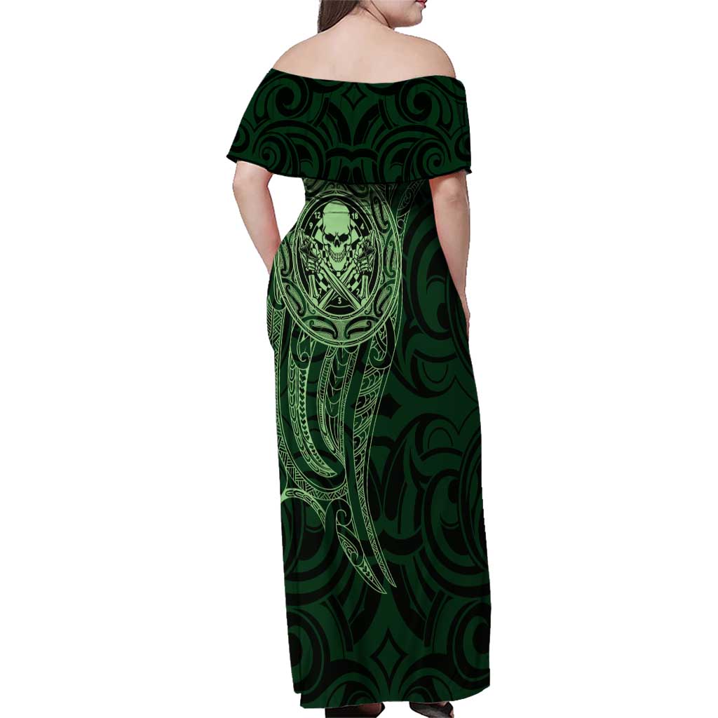 New Zealand Skull Darts Family Matching Off Shoulder Maxi Dress and Hawaiian Shirt Aotearoa Maori Chest Tattoo Stylized Green - Aussie Hoodie