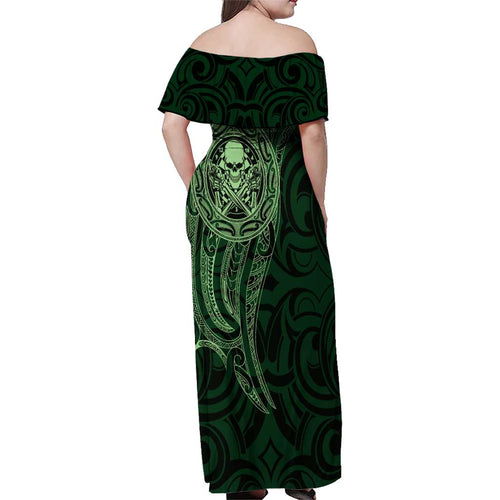 New Zealand Skull Darts Family Matching Off Shoulder Maxi Dress and Hawaiian Shirt Aotearoa Maori Chest Tattoo Stylized Green - Aussie Hoodie