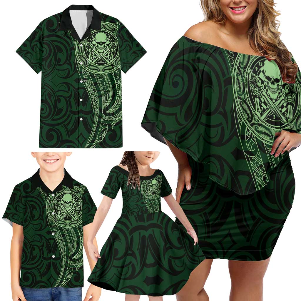 New Zealand Skull Darts Family Matching Off Shoulder Short Dress and Hawaiian Shirt Aotearoa Maori Chest Tattoo Stylized Green - Aussie Hoodie
