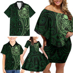 New Zealand Skull Darts Family Matching Off Shoulder Short Dress and Hawaiian Shirt Aotearoa Maori Chest Tattoo Stylized Green - Aussie Hoodie