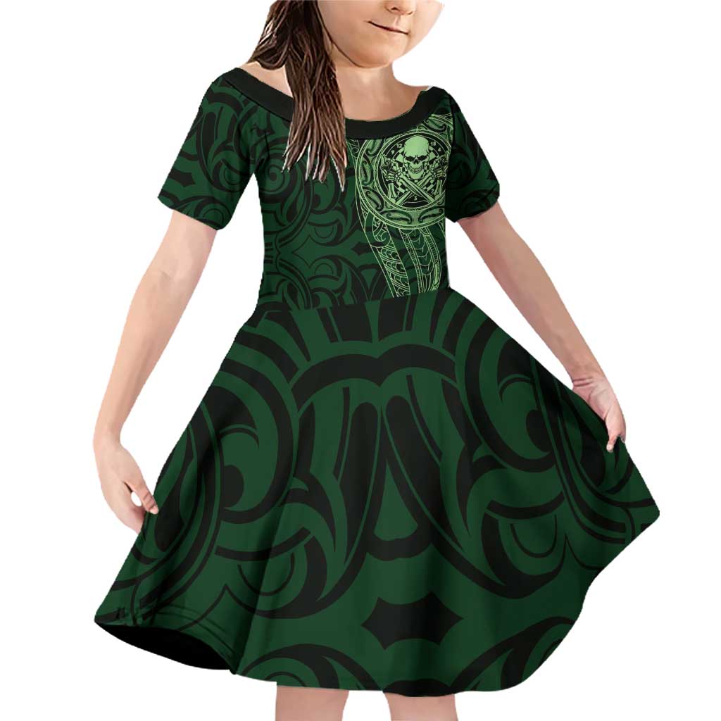 New Zealand Skull Darts Family Matching Off Shoulder Short Dress and Hawaiian Shirt Aotearoa Maori Chest Tattoo Stylized Green - Aussie Hoodie