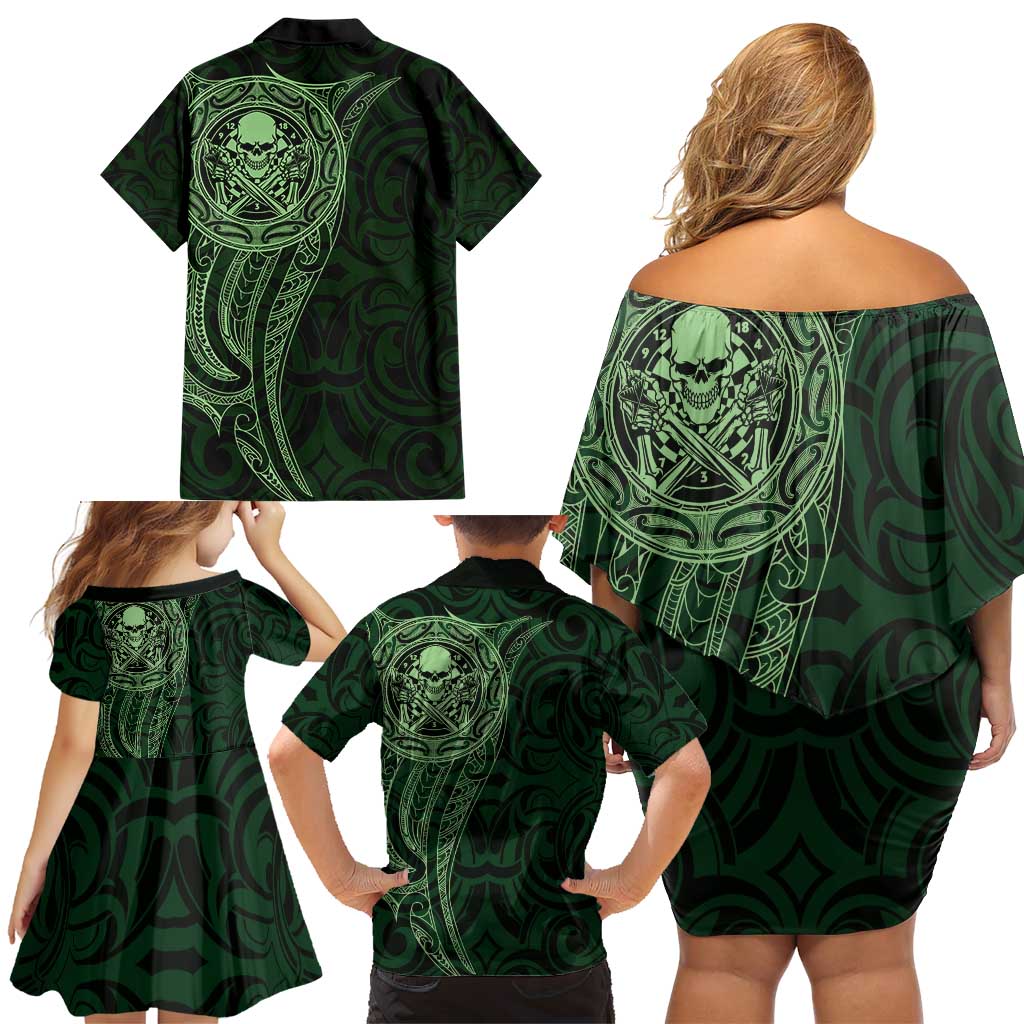New Zealand Skull Darts Family Matching Off Shoulder Short Dress and Hawaiian Shirt Aotearoa Maori Chest Tattoo Stylized Green - Aussie Hoodie