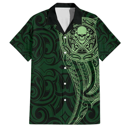 New Zealand Skull Darts Family Matching Off Shoulder Short Dress and Hawaiian Shirt Aotearoa Maori Chest Tattoo Stylized Green - Aussie Hoodie