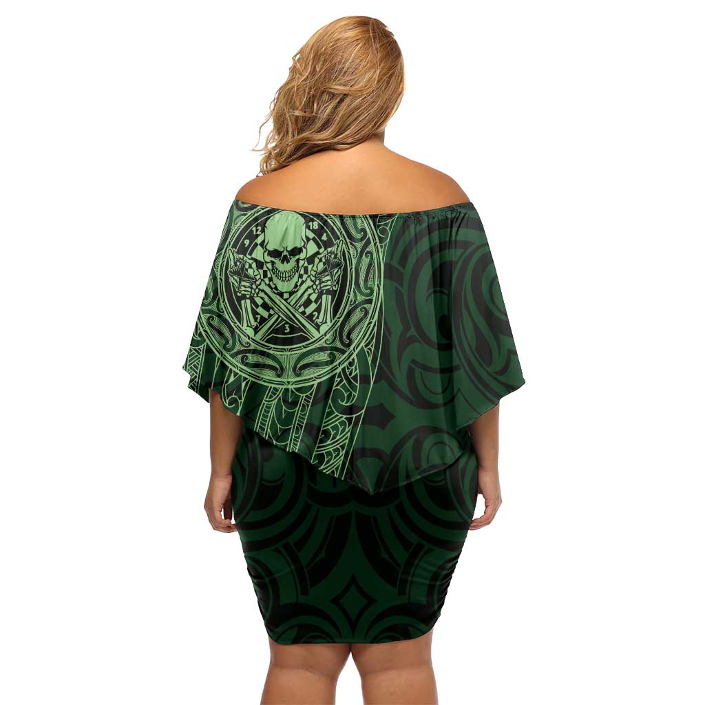 New Zealand Skull Darts Family Matching Off Shoulder Short Dress and Hawaiian Shirt Aotearoa Maori Chest Tattoo Stylized Green - Aussie Hoodie