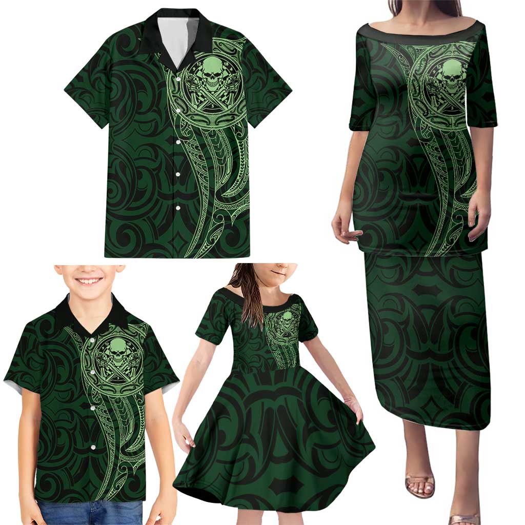 New Zealand Skull Darts Family Matching Puletasi and Hawaiian Shirt Aotearoa Maori Chest Tattoo Stylized Green - Aussie Hoodie