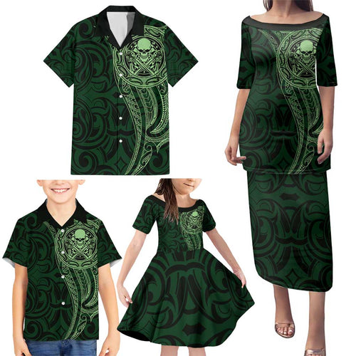 New Zealand Skull Darts Family Matching Puletasi and Hawaiian Shirt Aotearoa Maori Chest Tattoo Stylized Green - Aussie Hoodie