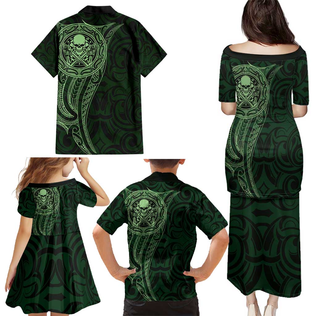 New Zealand Skull Darts Family Matching Puletasi and Hawaiian Shirt Aotearoa Maori Chest Tattoo Stylized Green - Aussie Hoodie