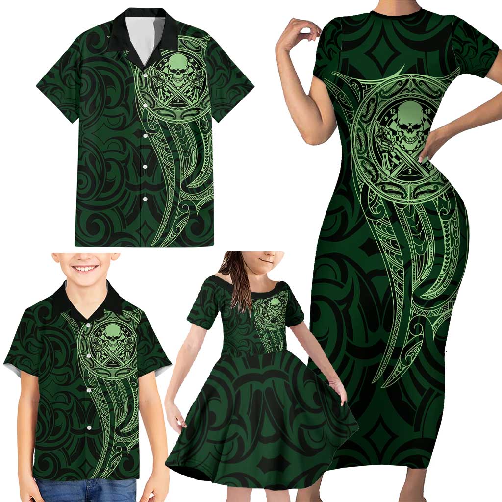 New Zealand Skull Darts Family Matching Short Sleeve Bodycon Dress and Hawaiian Shirt Aotearoa Maori Chest Tattoo Stylized Green - Aussie Hoodie