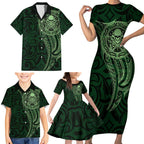 New Zealand Skull Darts Family Matching Short Sleeve Bodycon Dress and Hawaiian Shirt Aotearoa Maori Chest Tattoo Stylized Green - Aussie Hoodie
