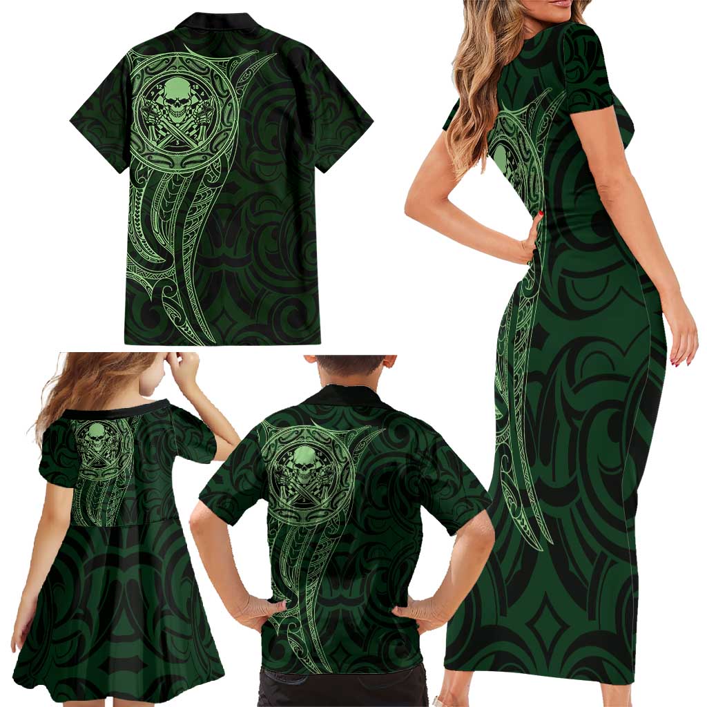 New Zealand Skull Darts Family Matching Short Sleeve Bodycon Dress and Hawaiian Shirt Aotearoa Maori Chest Tattoo Stylized Green - Aussie Hoodie