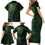New Zealand Skull Darts Family Matching Short Sleeve Bodycon Dress and Hawaiian Shirt Aotearoa Maori Chest Tattoo Stylized Green - Aussie Hoodie