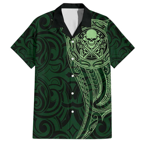 New Zealand Skull Darts Family Matching Short Sleeve Bodycon Dress and Hawaiian Shirt Aotearoa Maori Chest Tattoo Stylized Green - Aussie Hoodie