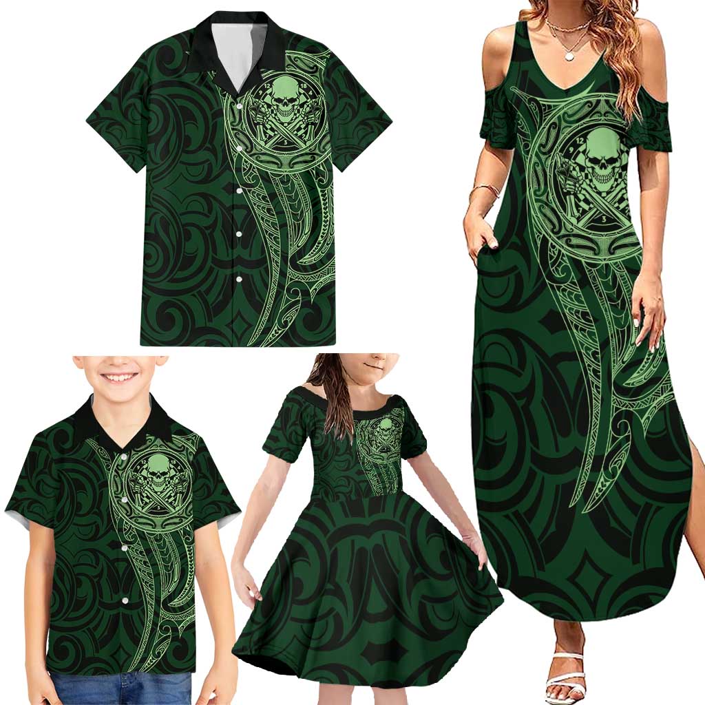 New Zealand Skull Darts Family Matching Summer Maxi Dress and Hawaiian Shirt Aotearoa Maori Chest Tattoo Stylized Green - Aussie Hoodie