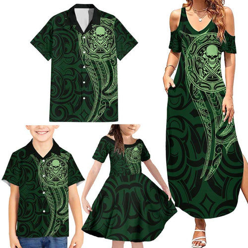 New Zealand Skull Darts Family Matching Summer Maxi Dress and Hawaiian Shirt Aotearoa Maori Chest Tattoo Stylized Green - Aussie Hoodie