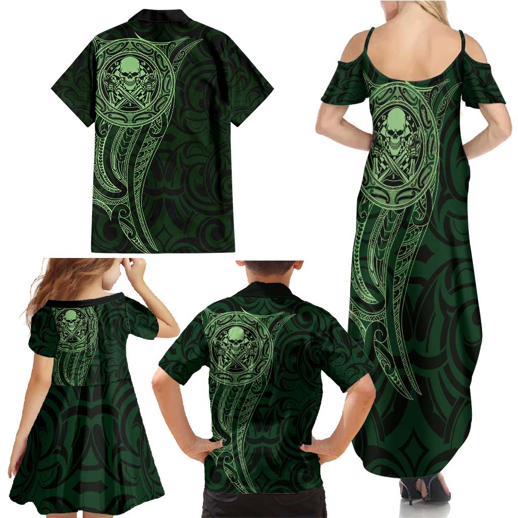 New Zealand Skull Darts Family Matching Summer Maxi Dress and Hawaiian Shirt Aotearoa Maori Chest Tattoo Stylized Green - Aussie Hoodie