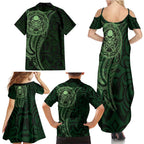 New Zealand Skull Darts Family Matching Summer Maxi Dress and Hawaiian Shirt Aotearoa Maori Chest Tattoo Stylized Green - Aussie Hoodie