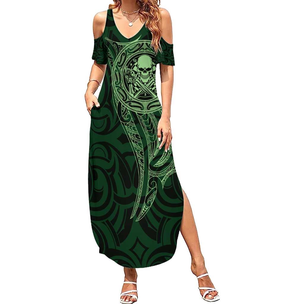 New Zealand Skull Darts Family Matching Summer Maxi Dress and Hawaiian Shirt Aotearoa Maori Chest Tattoo Stylized Green - Aussie Hoodie