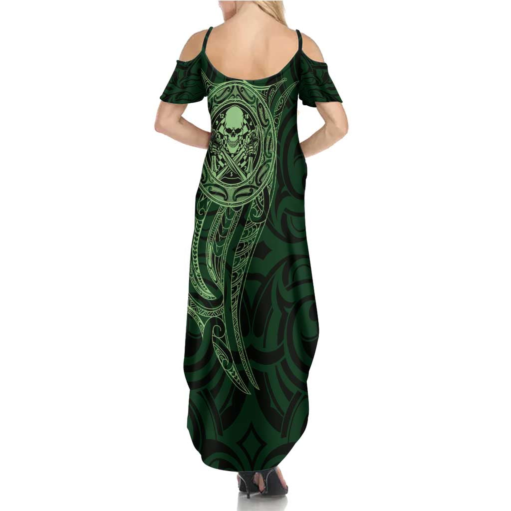 New Zealand Skull Darts Family Matching Summer Maxi Dress and Hawaiian Shirt Aotearoa Maori Chest Tattoo Stylized Green - Aussie Hoodie