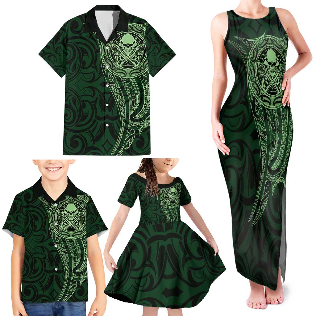 New Zealand Skull Darts Family Matching Tank Maxi Dress and Hawaiian Shirt Aotearoa Maori Chest Tattoo Stylized Green - Aussie Hoodie