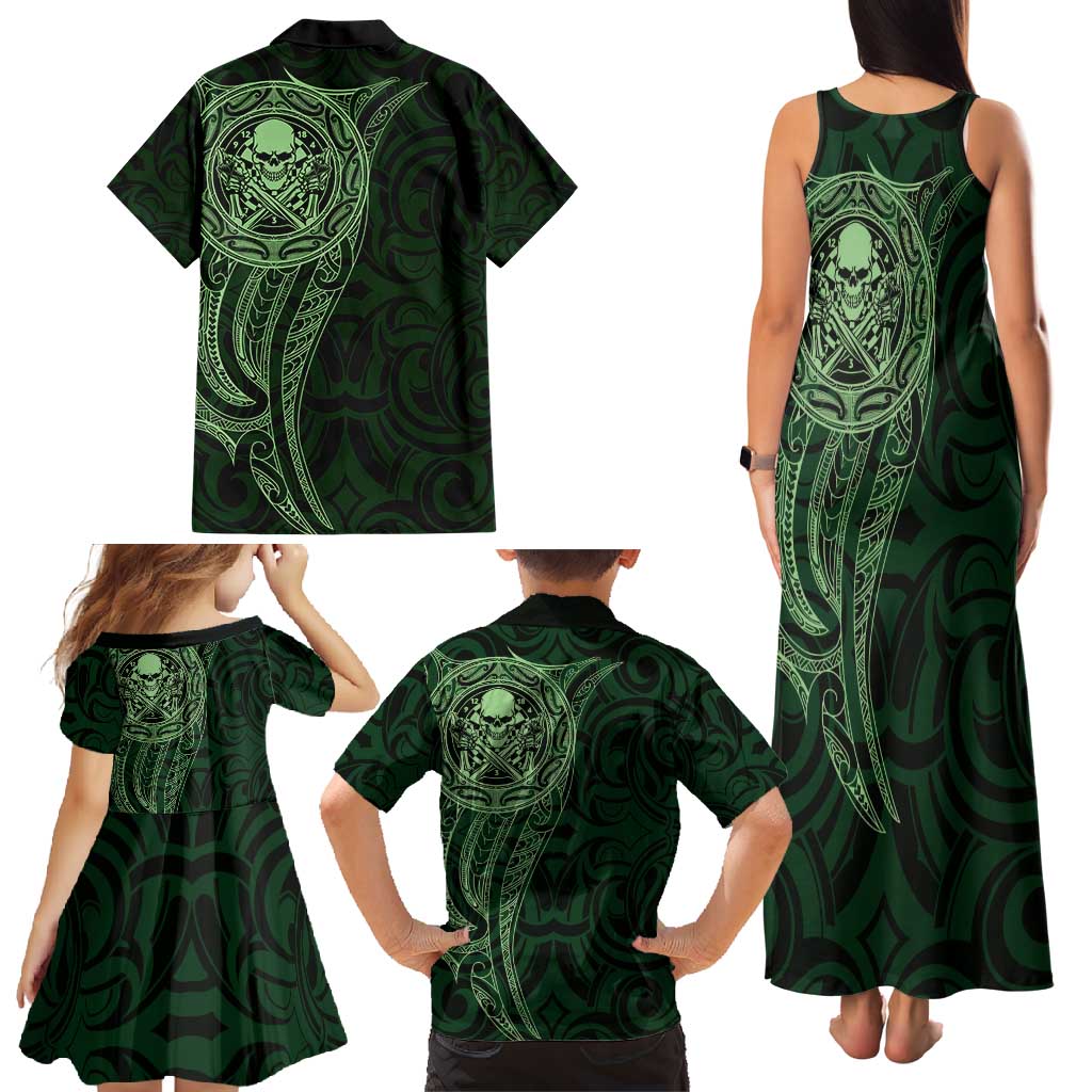 New Zealand Skull Darts Family Matching Tank Maxi Dress and Hawaiian Shirt Aotearoa Maori Chest Tattoo Stylized Green - Aussie Hoodie