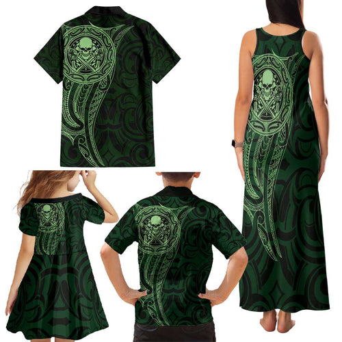New Zealand Skull Darts Family Matching Tank Maxi Dress and Hawaiian Shirt Aotearoa Maori Chest Tattoo Stylized Green - Aussie Hoodie