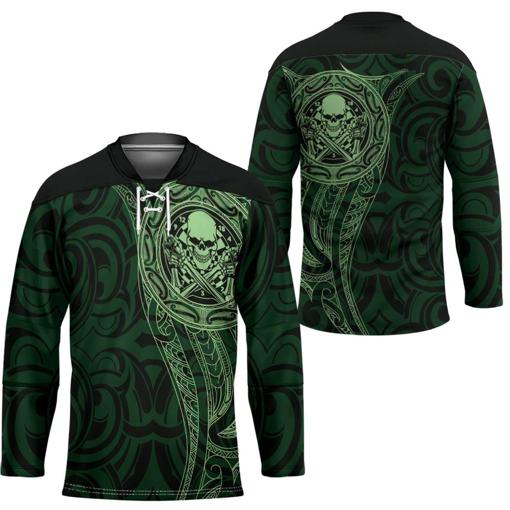New Zealand Skull Darts Hockey Jersey Aotearoa Maori Chest Tattoo Stylized Green - Aussie Hoodie