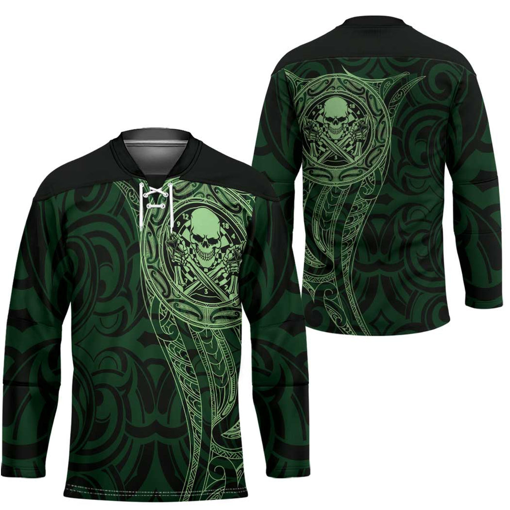 New Zealand Skull Darts Hockey Jersey Aotearoa Maori Chest Tattoo Stylized Green - Aussie Hoodie