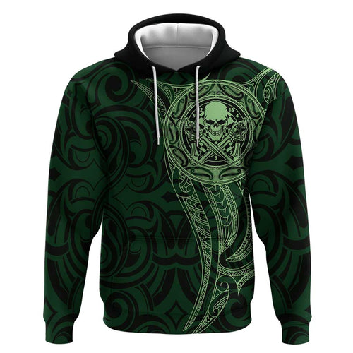 New Zealand Skull Darts Hoodie Aotearoa Maori Chest Tattoo Stylized Green - Aussie Hoodie
