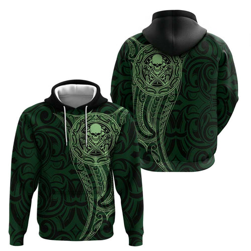 New Zealand Skull Darts Hoodie Aotearoa Maori Chest Tattoo Stylized Green - Aussie Hoodie