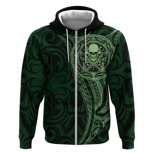 New Zealand Skull Darts Hoodie Aotearoa Maori Chest Tattoo Stylized Green - Aussie Hoodie