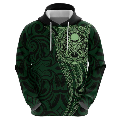 New Zealand Skull Darts Hoodie Aotearoa Maori Chest Tattoo Stylized Green - Aussie Hoodie