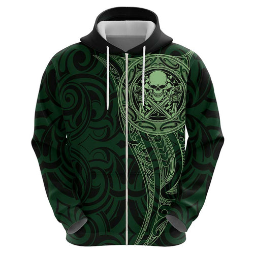 New Zealand Skull Darts Hoodie Aotearoa Maori Chest Tattoo Stylized Green - Aussie Hoodie
