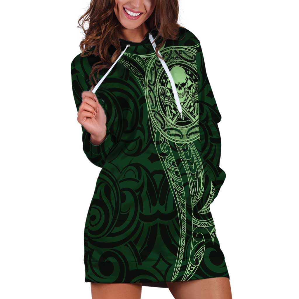 New Zealand Skull Darts Hoodie Dress Aotearoa Maori Chest Tattoo Stylized Green - Aussie Hoodie