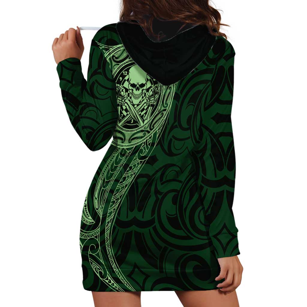 New Zealand Skull Darts Hoodie Dress Aotearoa Maori Chest Tattoo Stylized Green - Aussie Hoodie