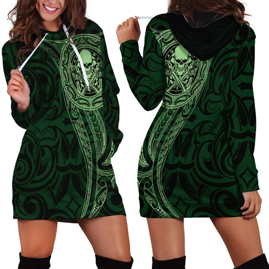 New Zealand Skull Darts Hoodie Dress Aotearoa Maori Chest Tattoo Stylized Green - Aussie Hoodie