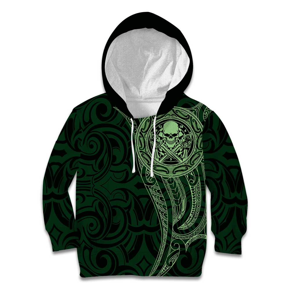 New Zealand Skull Darts Kid Hoodie Aotearoa Maori Chest Tattoo Stylized Green - Aussie Hoodie