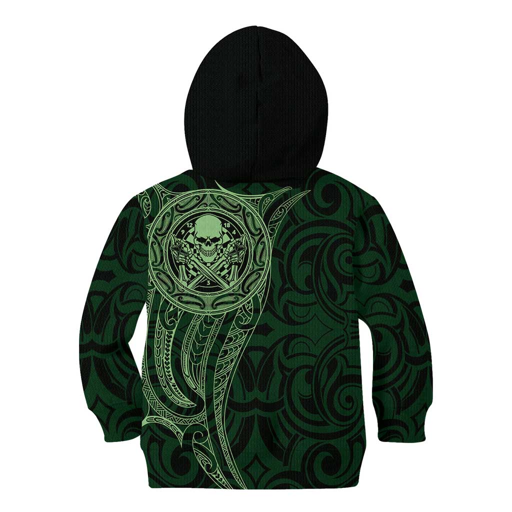 New Zealand Skull Darts Kid Hoodie Aotearoa Maori Chest Tattoo Stylized Green - Aussie Hoodie