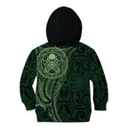 New Zealand Skull Darts Kid Hoodie Aotearoa Maori Chest Tattoo Stylized Green - Aussie Hoodie