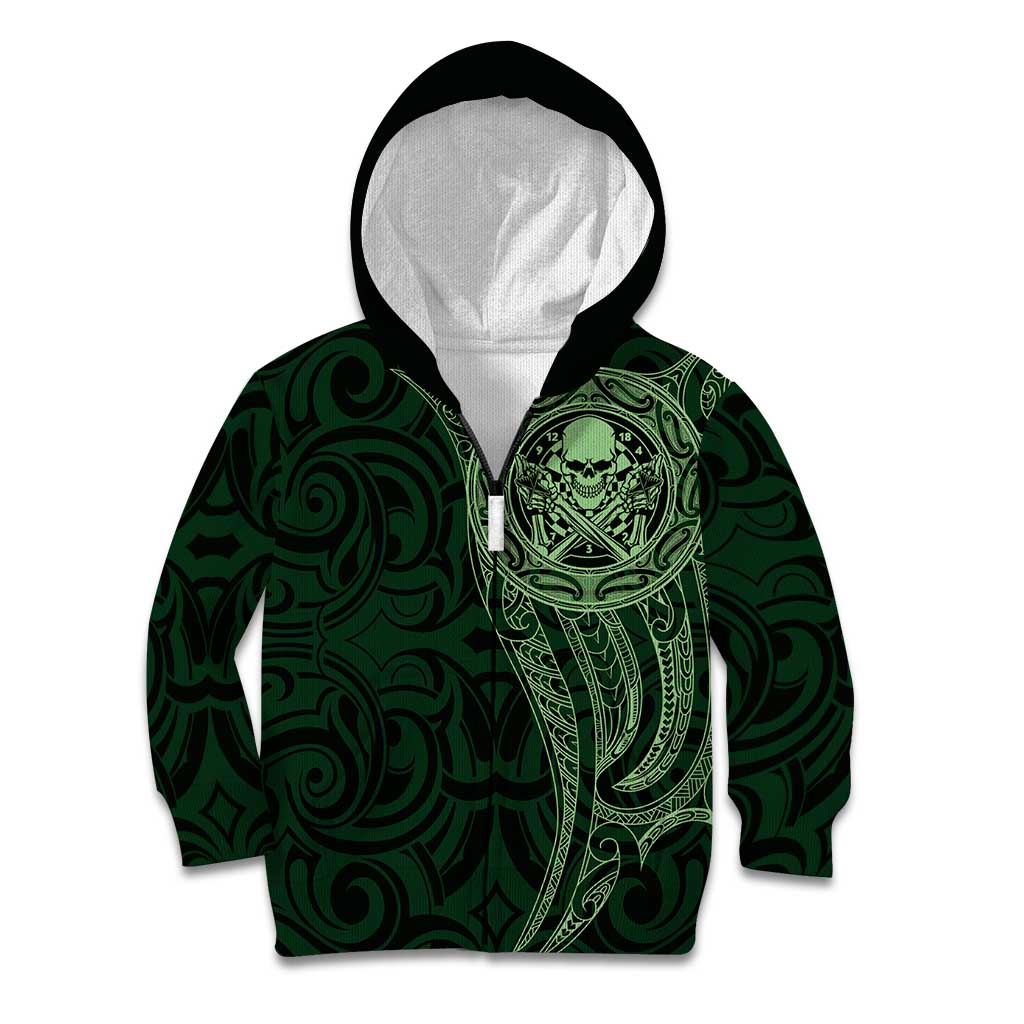 New Zealand Skull Darts Kid Hoodie Aotearoa Maori Chest Tattoo Stylized Green - Aussie Hoodie