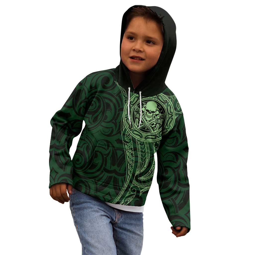 New Zealand Skull Darts Kid Hoodie Aotearoa Maori Chest Tattoo Stylized Green - Aussie Hoodie