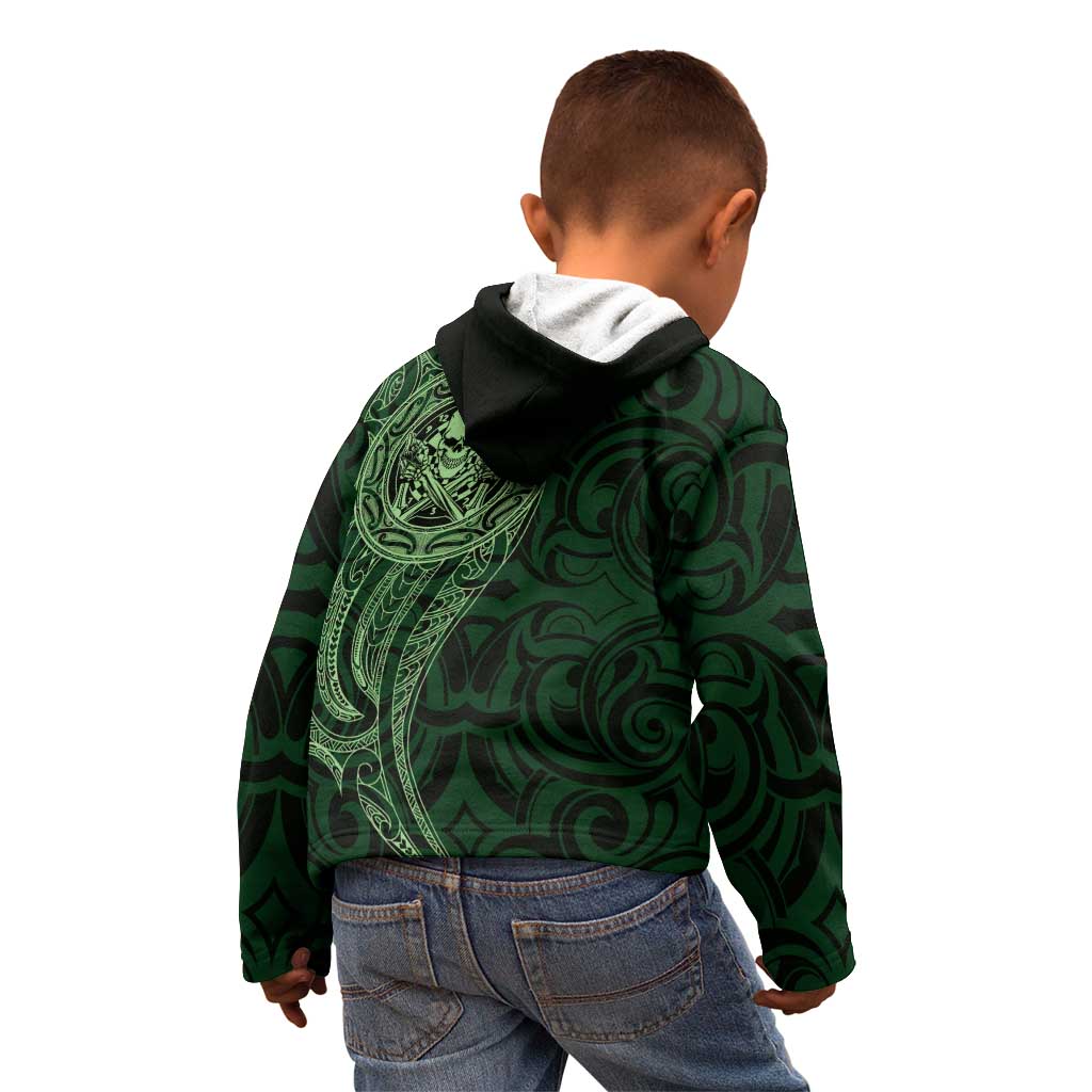 New Zealand Skull Darts Kid Hoodie Aotearoa Maori Chest Tattoo Stylized Green - Aussie Hoodie