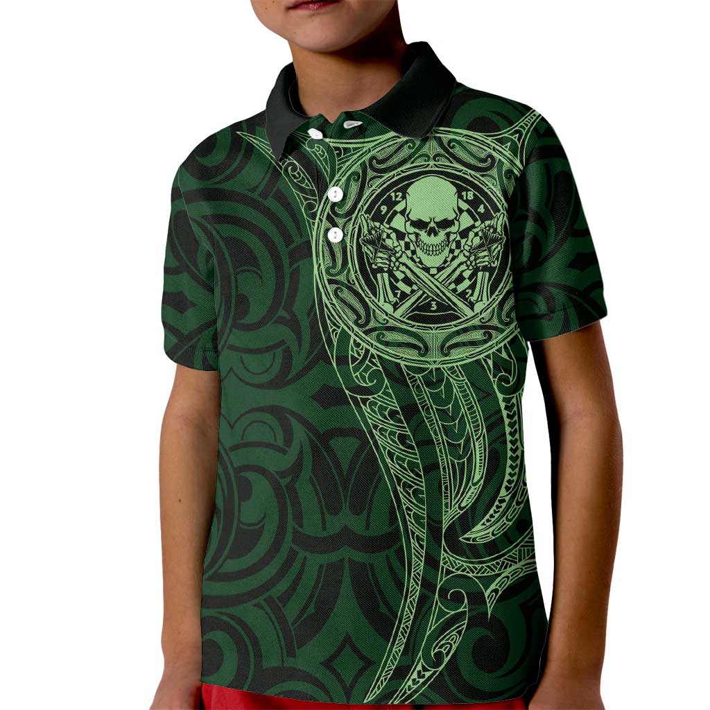 New Zealand Skull Darts Kid Polo Shirt Aotearoa Maori Chest Tattoo Stylized Green - Aussie Hoodie