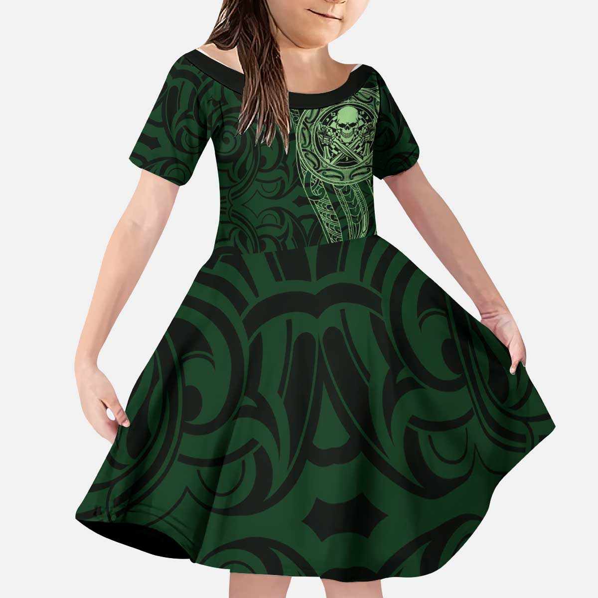 New Zealand Skull Darts Kid Short Sleeve Dress Aotearoa Maori Chest Tattoo Stylized Green - Aussie Hoodie