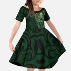 New Zealand Skull Darts Kid Short Sleeve Dress Aotearoa Maori Chest Tattoo Stylized Green - Aussie Hoodie
